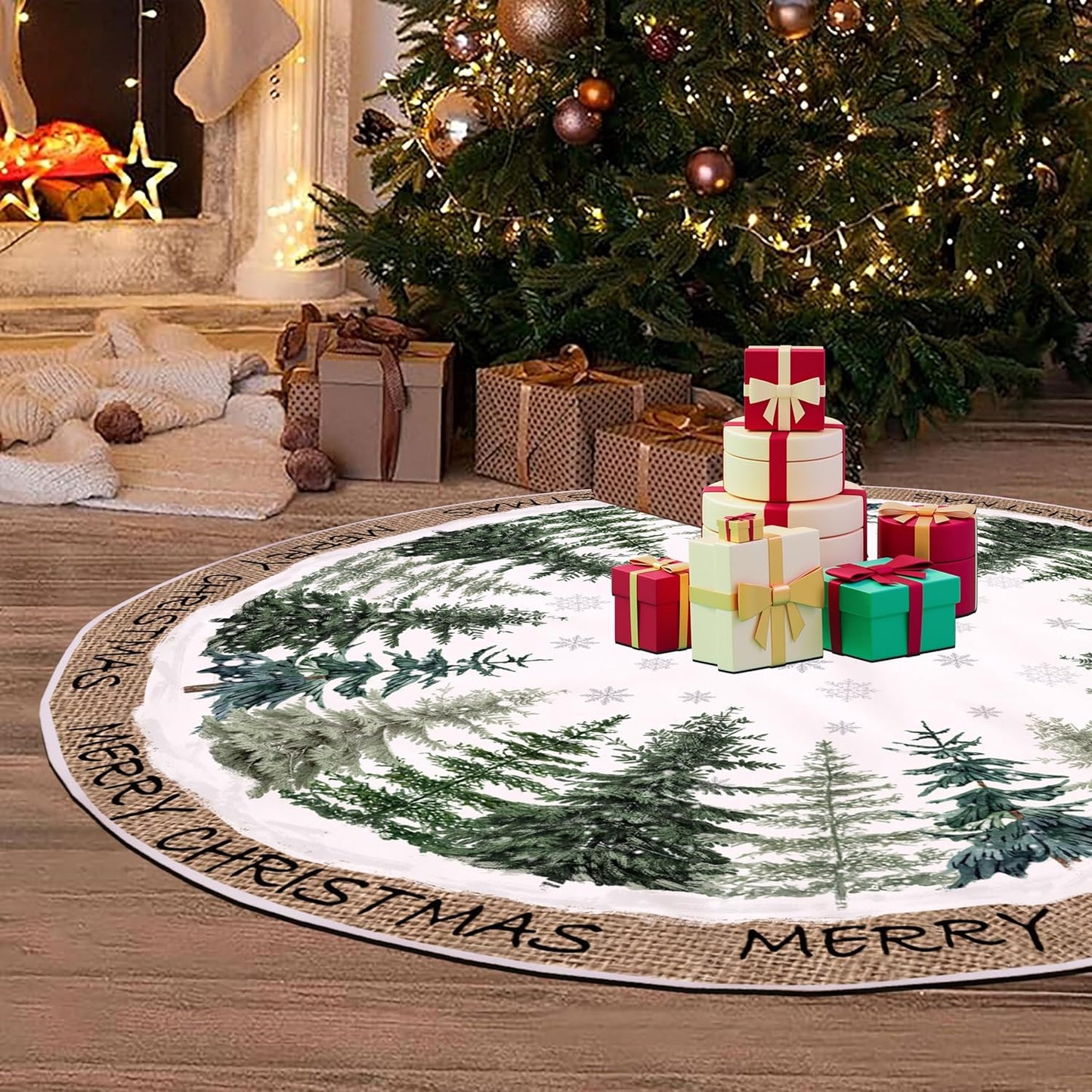 Baccessor Christmas Tree Skirt 48 Inch Pine Trees Snowy Forest Christmas Tree Skirt Collar for Farmhouse Vintage Rustic Merry Christmas Xmas Winter Holiday Party Decoration