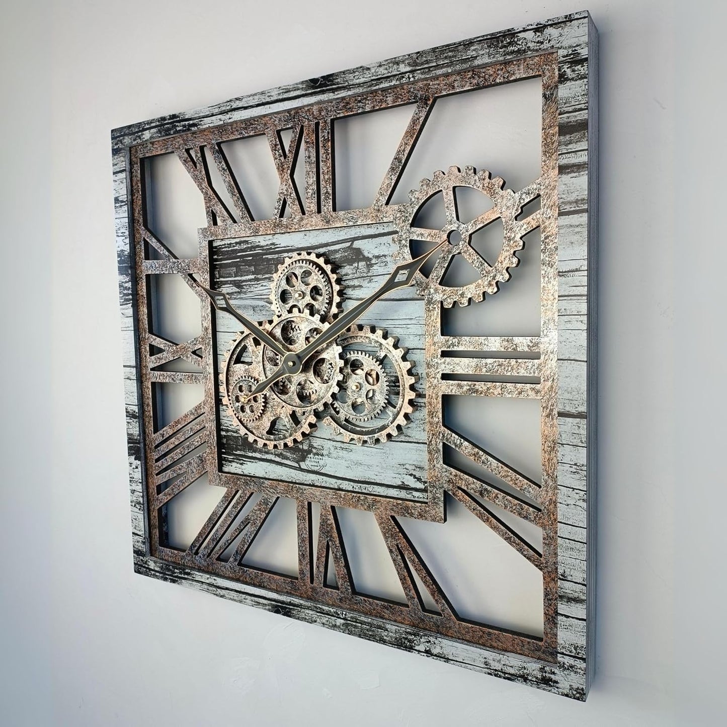 The Gears Clock 24'' Inch Square Real Moving Gear Wall Clock Vintage Industrial Oversized Rustic Farmhouse (Grey and White)