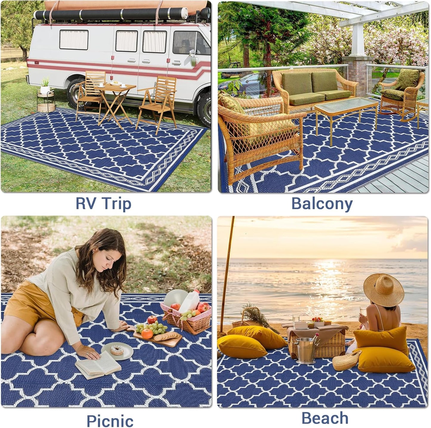 GAOMON Outdoor Rug Waterproof 8'x10', Reversible Outdoor Plastic Straw Rug, Boho Patio Rug, Indoor Outdoor Carpet, RV Mat Outside for Patio, Camp, Picnic, Balcony, Deck, Navy/White(Geometric)