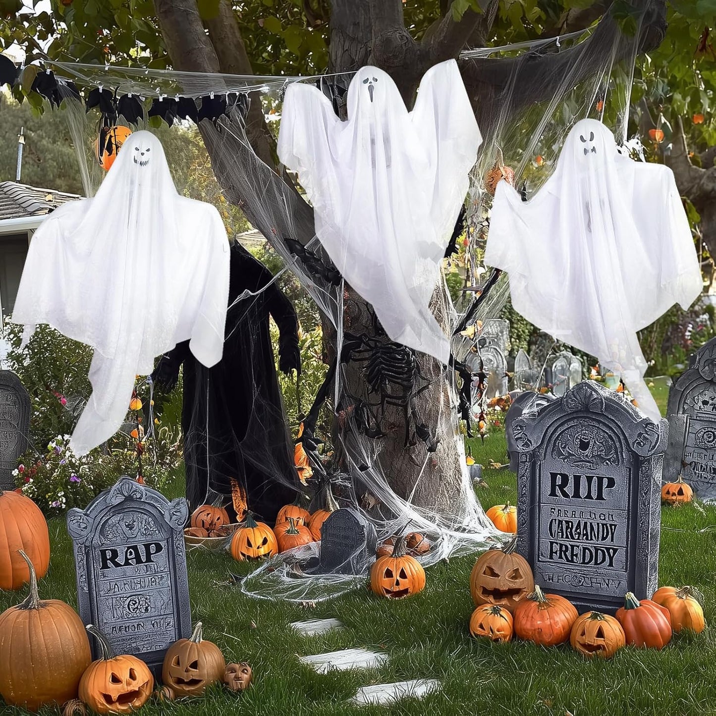 6 Pack Halloween Hanging Ghost Decorations with Lights, 27.5 Inch LED Light-Up Spooky Ghosts Indoor Outdoor Ornaments, Halloween Flying Hanging Ghosts for Haunted House Prop, Front Yard Patio Party