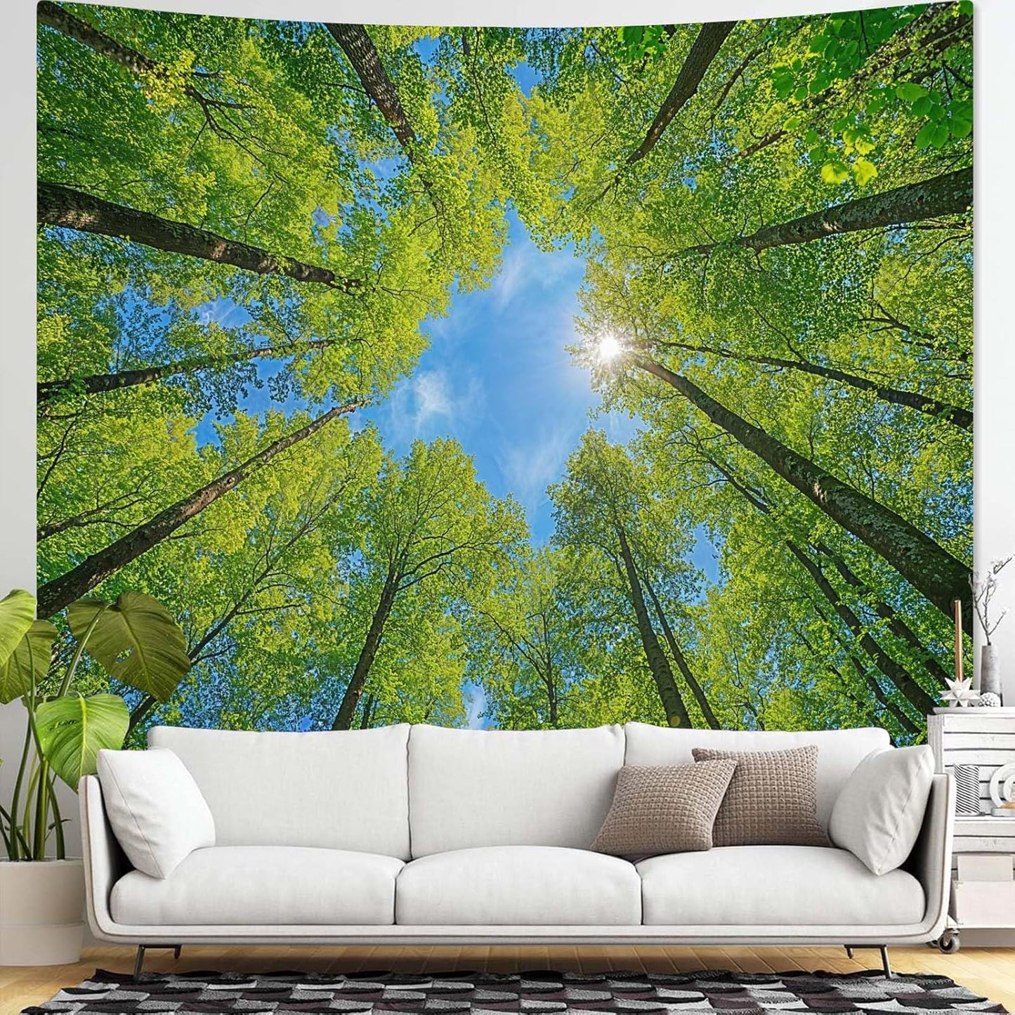 AMM Nature Forest Tree Celling Tapestry Lush Green Treetops Sunlit Tapestry for Bedroom Aesthetic Sky Sunlight Canopy Leaves Landscape Tapestries Wall Hanging for Living Room Dorm Office 80 x 60 Inch