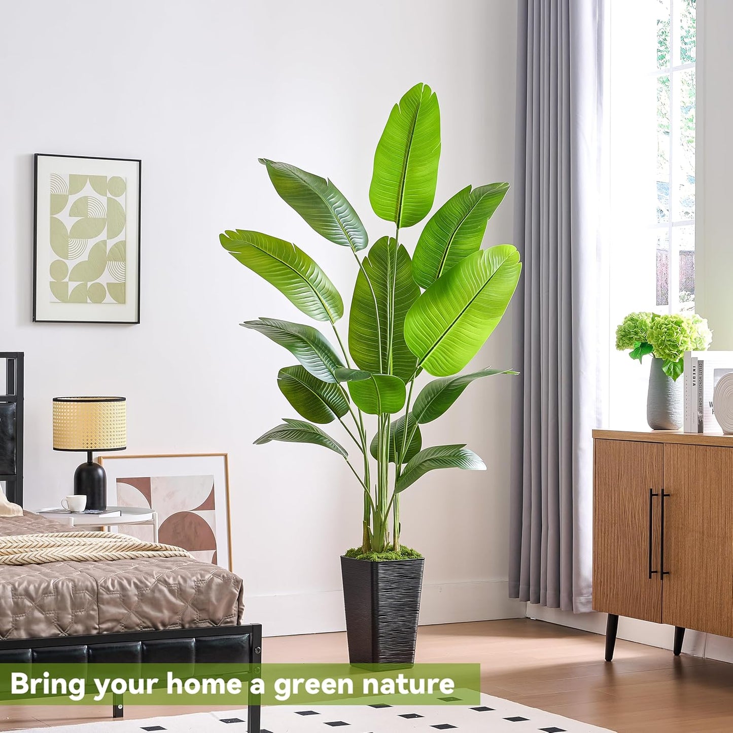 Fake Bird of Paradise Silk Artificial Plant Faux Banana Leaf Tree Lifelike Bird of Paradise for Home Decor Indoor Floor Plant with 10 Trunks (1, White Tall Planter, 6 FT)