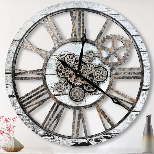 The B-Style 36" Large Moving Gear Wall Clock Oversized Vintage Farmhouse Wall Clocks for Living Room Decor Rustic Industrial Wood Clock (Gray White and Bronze Gears)
