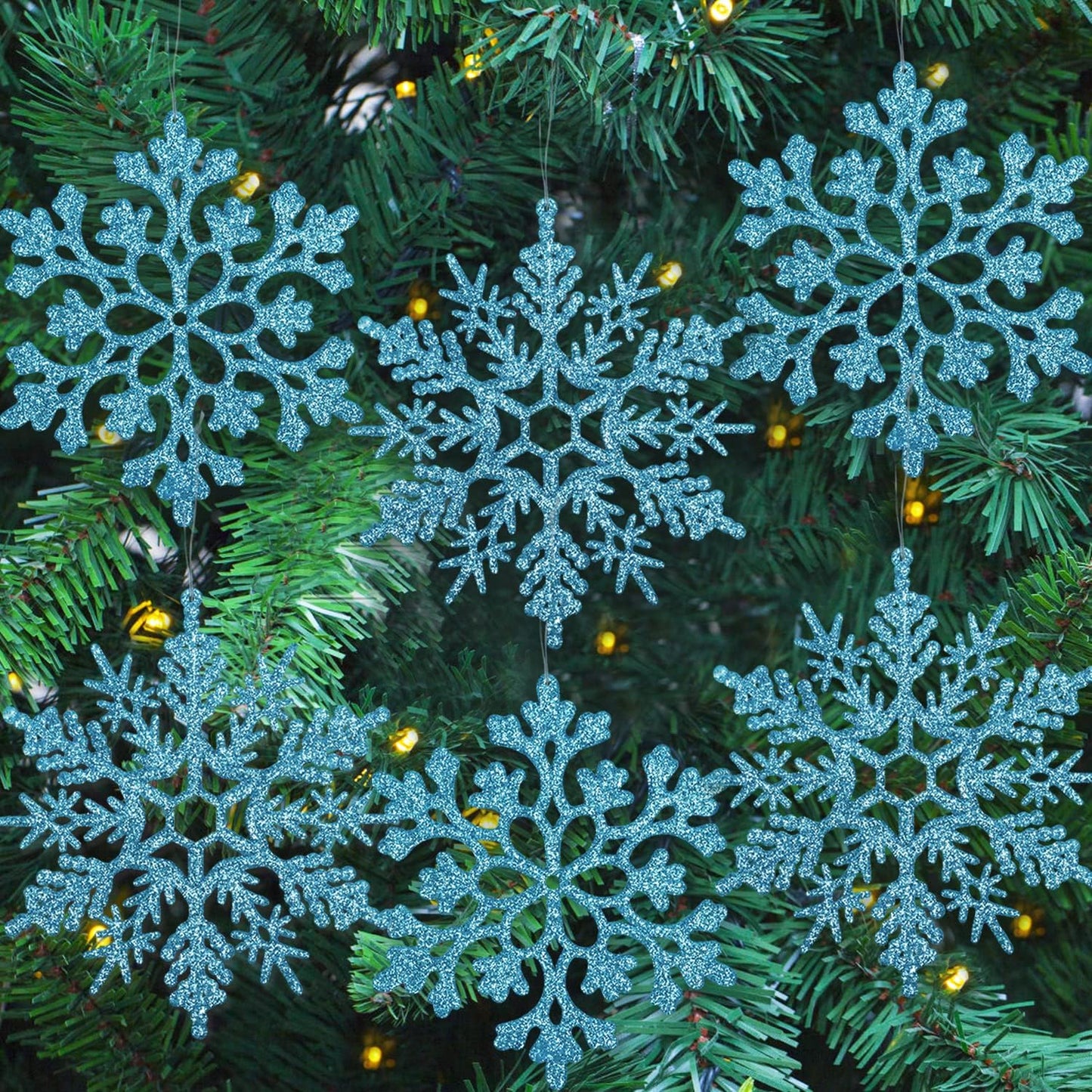 6pcs Large Snowflakes Ornaments Blue 12” Big Plastic Glitter Snowflake for Winter Indoor Outdoor Christmas Tree Window Room Decorations Giant Craft Snowflakes