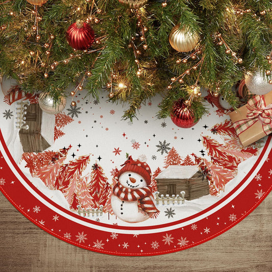 AVOIN colorlife Snowflake Snowman Cardinal Christmas Tree Skirt 48 Inch, Winter Holiday Tree Mat Decoration Red
