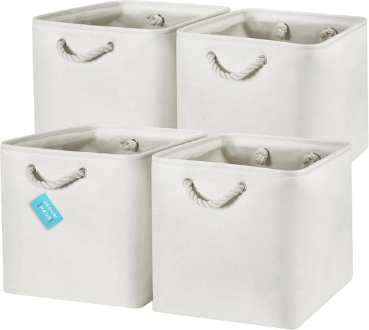 OrganiHaus 13x13 Cube Storage Bins 4 Pack, Foldable Cube Storage Organizer w/ Rope Handles, Collapsible Fabric Bins for Toys, Clothes & Closet Organization, Fabric Square Baskets - Off-White