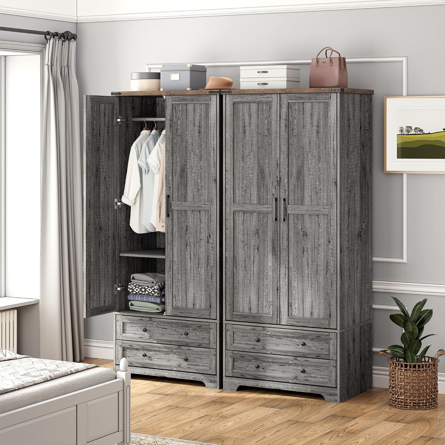 Brafab Armoire Wardrobe Closet with 2 Modern Doors, 71" Tall Freestanding Closet Wardrobe Cabinet with Drawers and Hanging Rail, Light Wooden Storage Cabinet with Shelve for Bedroom (Grey, 4 Doors)