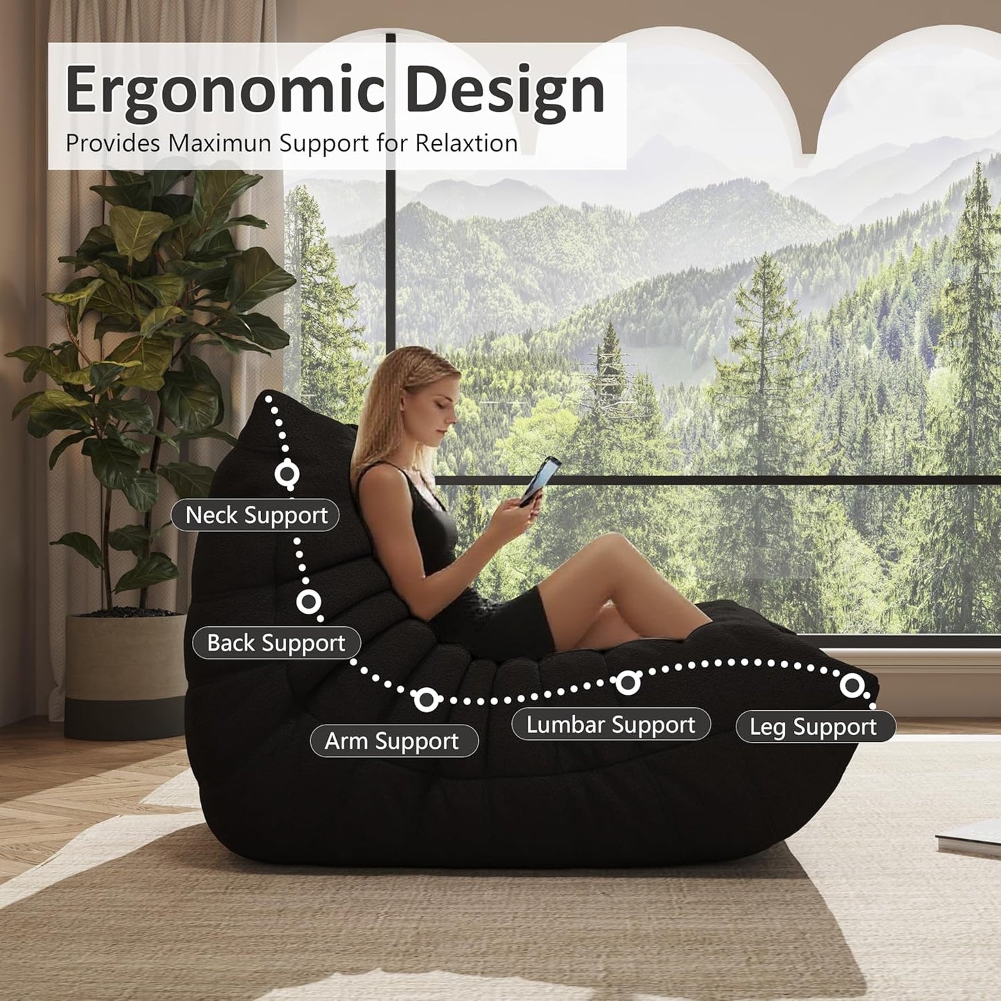 Bean Bag Chair, Oversized Bean Bag Chair for living Room, Fireside Chair for adults with Memory Foam Filled, Big Accent Sofa Lounge Floor Sofa for Gaming, Reading, Relax, No Assembly Required. (Black)