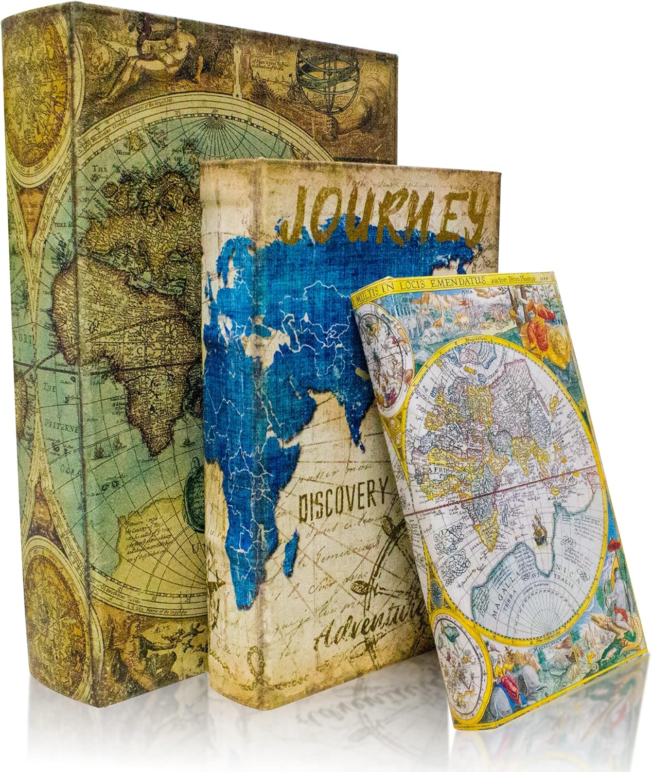 Decorative Book Box Set of 3, Fake Book Trinket Keepsake Storage Boxes with Ancient World Map Pattern, Graduation Gift