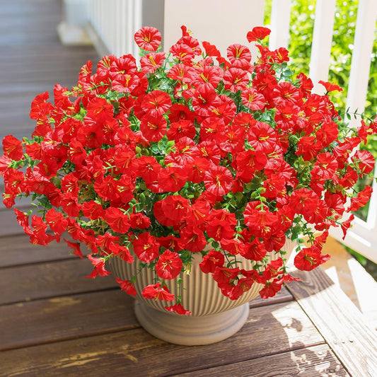 Artificial Flowers for Outdoors Fake Plants Outside Decoration, 12 Bundles Silk Red Morning Glory UV Resistant Look Real Faux Flowers for Planter Front Door Porch Patio Yard Gardens Balcony