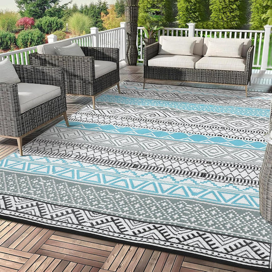 GAOMON Outdoor Rug Waterproof 8'x10', Reversible Outdoor Plastic Straw Rug, Boho Patio Rug, Indoor Outdoor Carpet, RV Mat Outside for Patio, Camp, Picnic, Balcony, Deck, Blue/Grey(Bohemia)