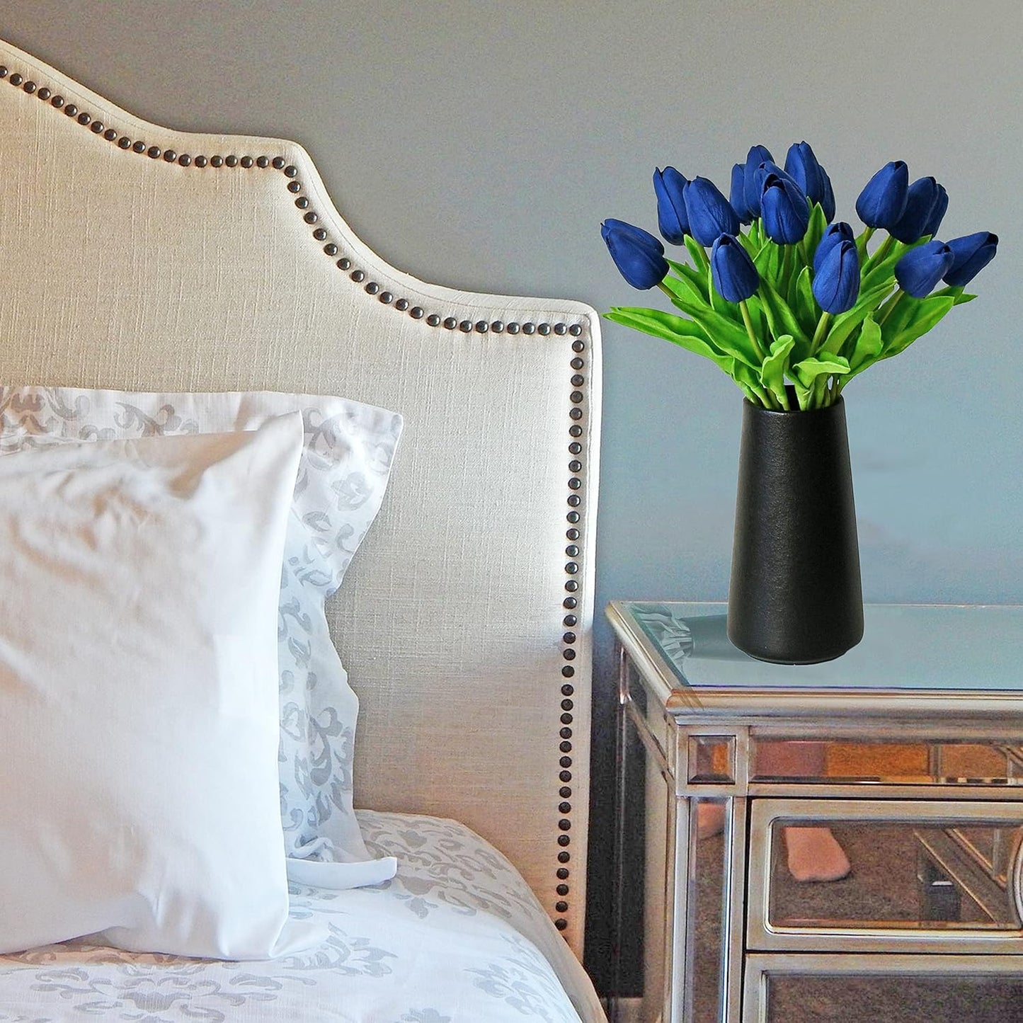 Mandy's Artificial Tulips 20 Stems Navy Blue PU Faux Flowers for Wedding Home Decor 13.5 Inch