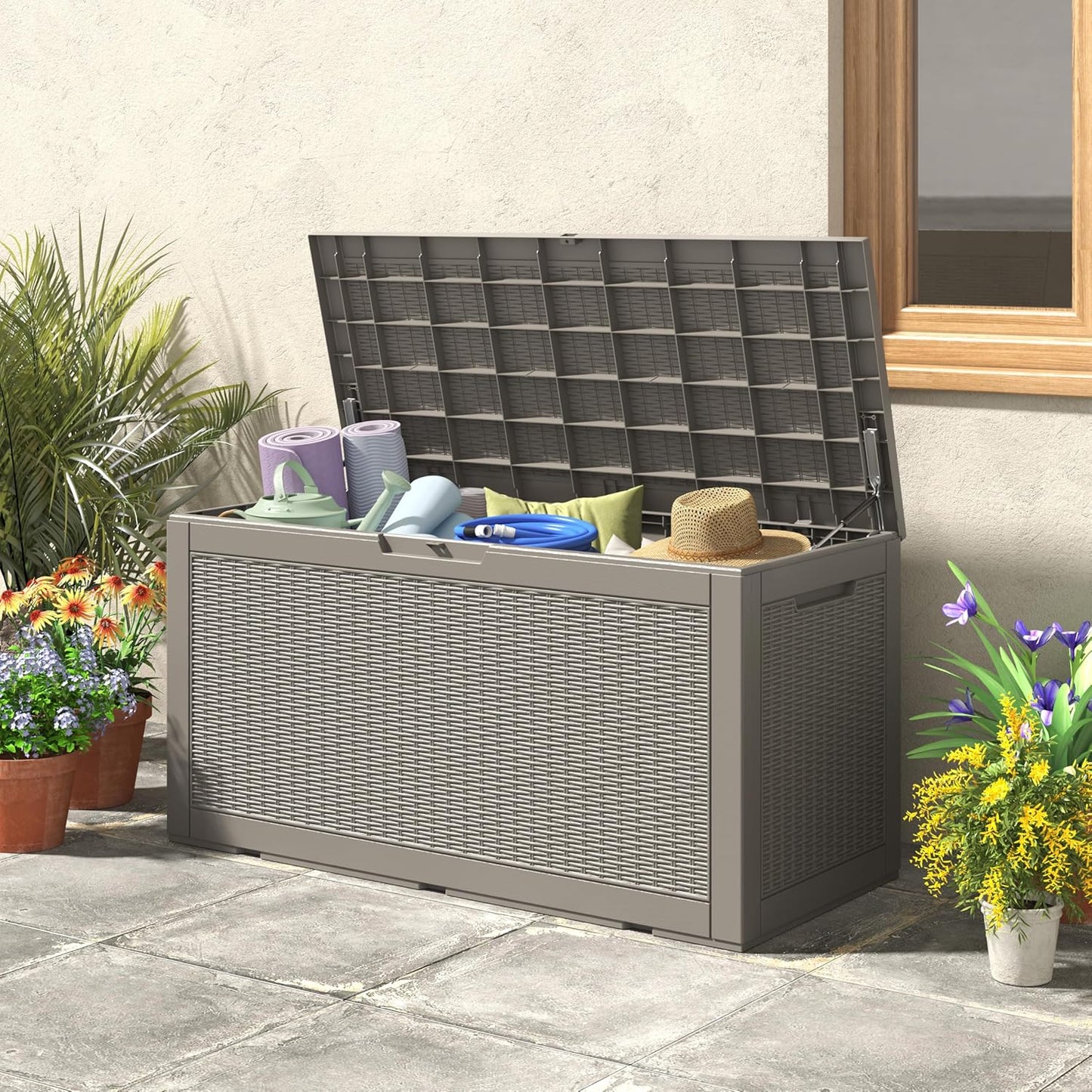 100 Gallon Deck Box Lockable Resin Outdoor Storage Box waterproof Outdoor Container for Patio Furniture Cushions, Pillow