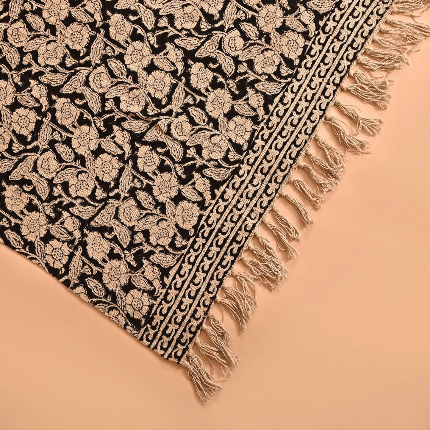 Handmade Cotton Throw Blanket 48x70 Inches | Black & Beige Floral Block Print Decorative Sofa Throw with Tassels | Large Lightweight Cotton Bedspread for Living Room, Couch, or Bedroom