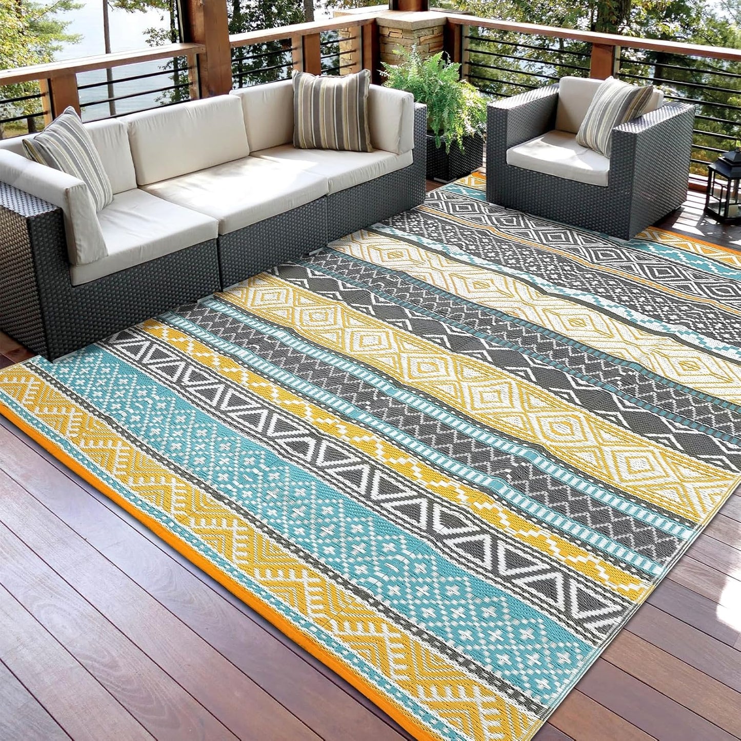 GAOMON Outdoor Rug for Patio 5'x8' Reversible Plastic Rugs Camping Mat for Outdoor, RV, Backyard, Deck, Balcony, Picnic, Beach, Teal/Yellow(Bohemia)