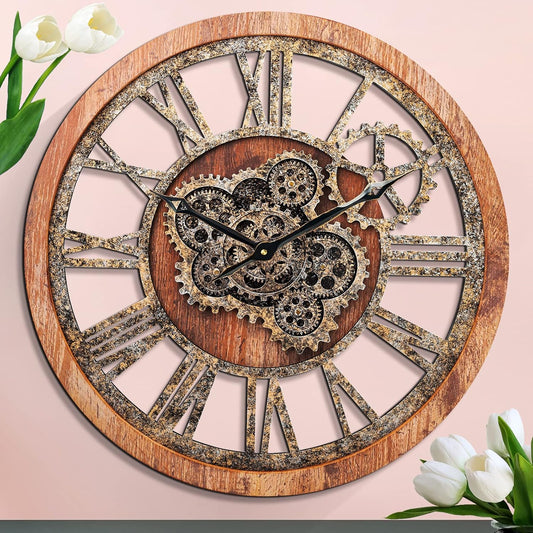 HOIBAI Large Wall Clock 24 Inch Large Clocks for Living Room Decor with Moving Gears Vintage Industrial Steampunk Farmhouse Big Clock for Home Kitchen Bedroom Office