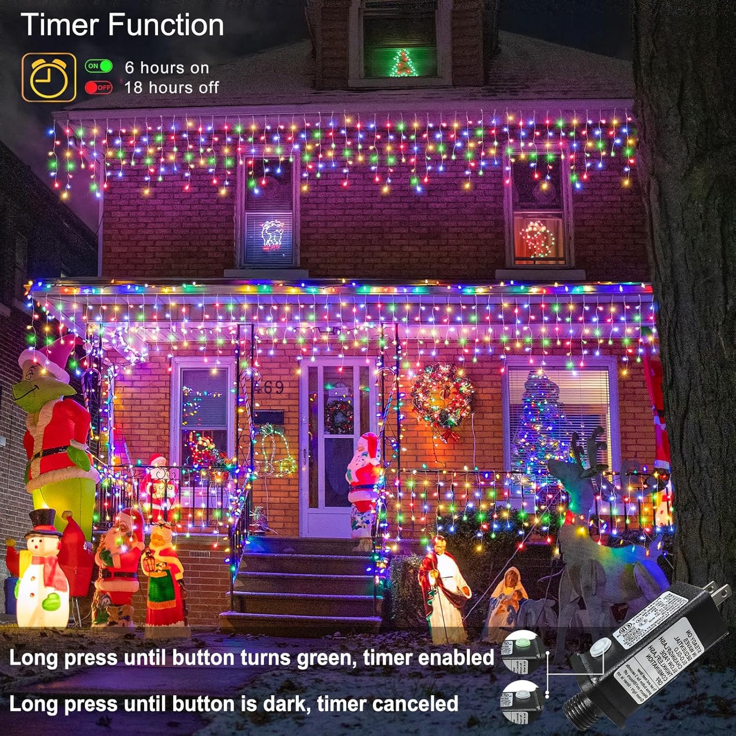 99ft Colored Christmas Lights Outdoor, 1216 LED Icicle Lights for Outside House with Clear Wire 8 Modes Timer, Plug in Waterproof for Home Holiday Eaves Yard Party Tree Room Wall Indoor Decoration