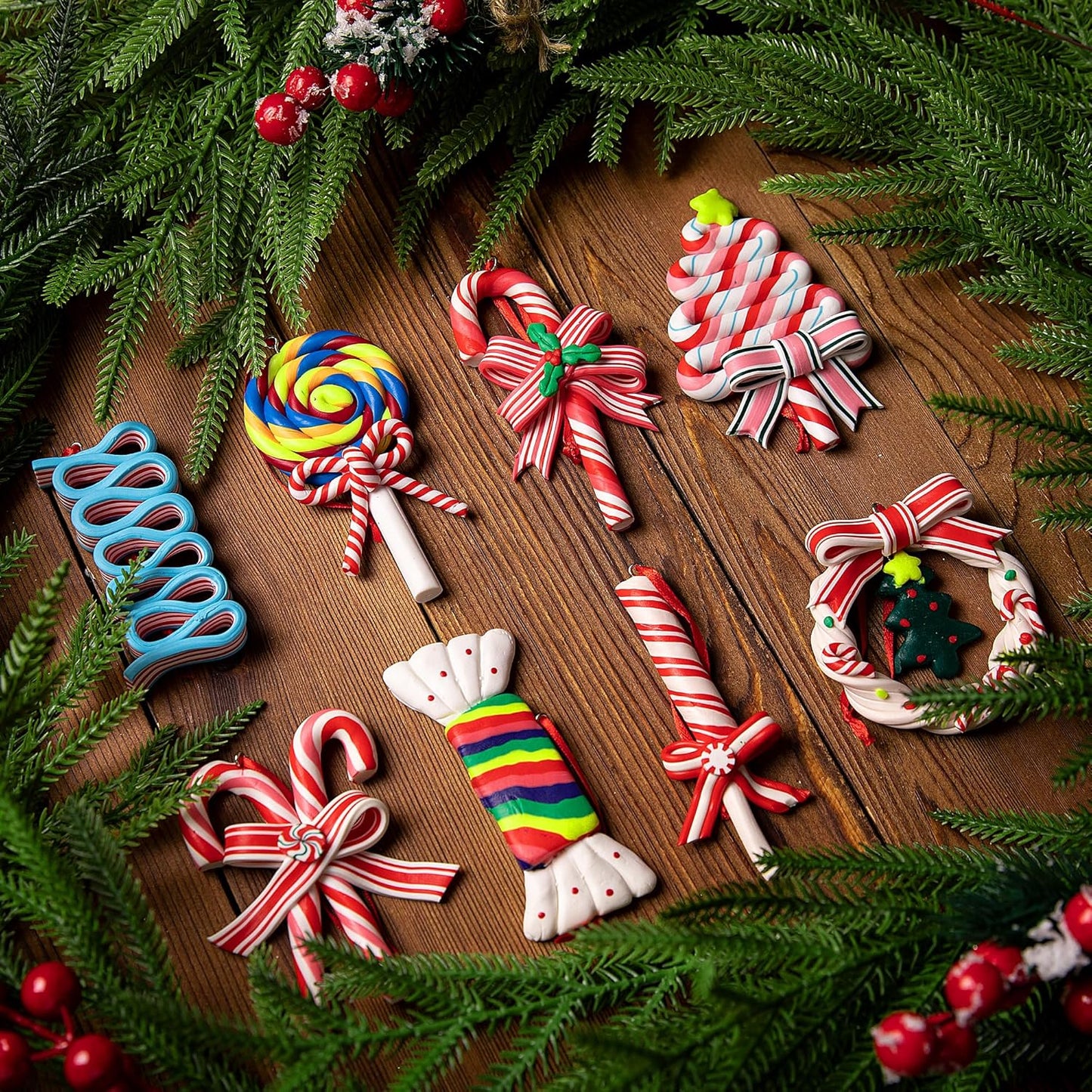 codree 8 Pcs Christmas Lollipop Ornaments - Polymer Clay Christmas Candies - Xmas Decor Candy Cane Hanging Tree Ornaments for Party Home Decoration