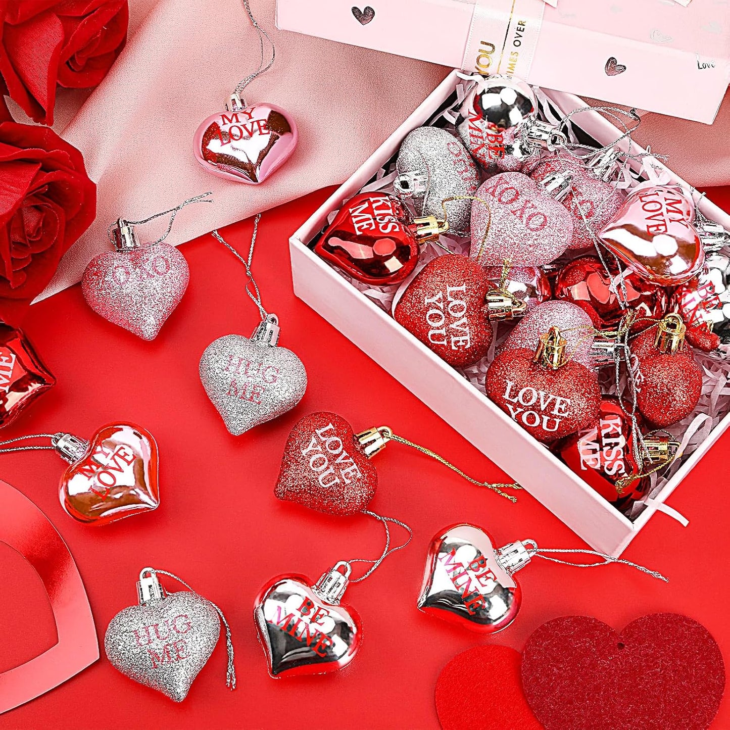 JULMELON 24Pcs Valentine's Day Heart Shaped Ornaments Romantic Valentines Conversation Heart Hanging Ornaments Decorations for Home Party Wedding Decor (Red, Pink and Silver)