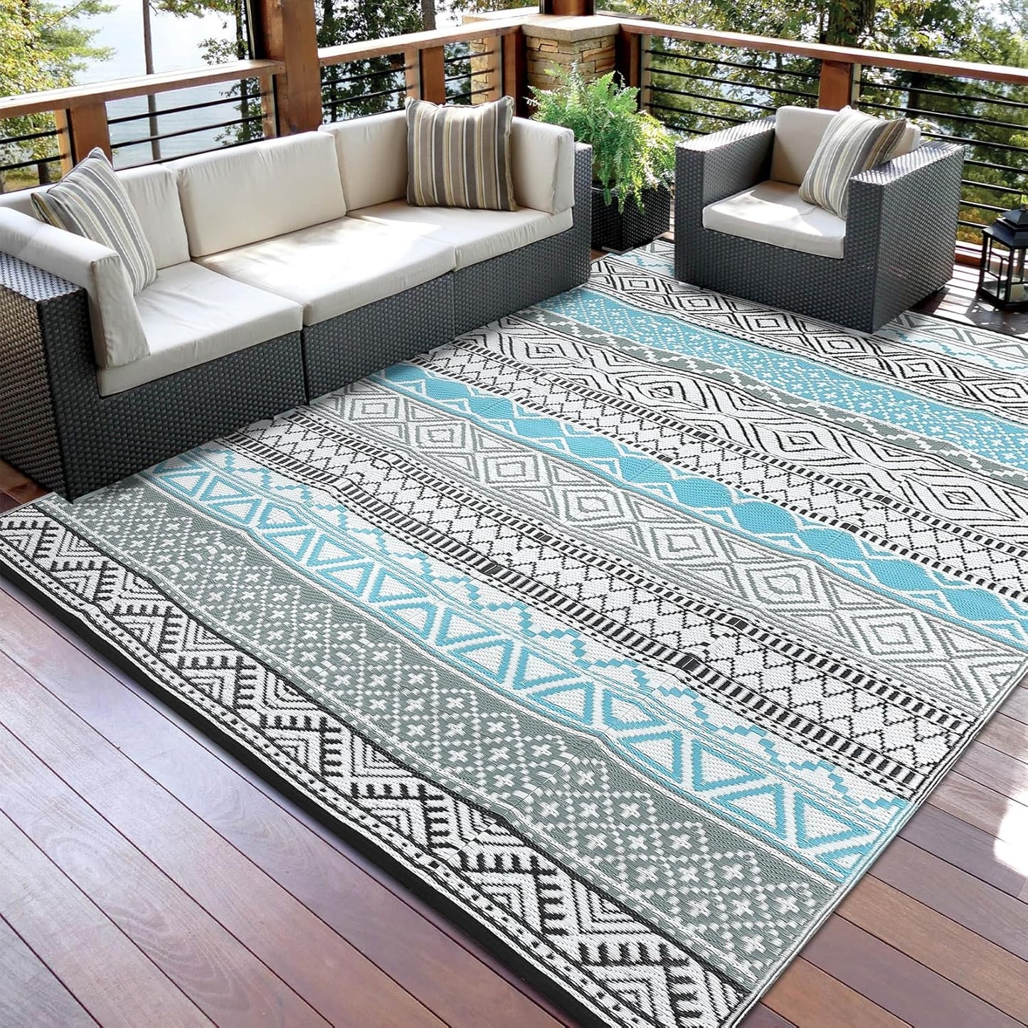 GAOMON Outdoor Plastic Straw Rug, 10'x14' Reversible Sage Green Patio Mat, Flower Modern Design for RV, Backyard, Deck, Camping, Picnic, Blue/Grey(Bohemia)
