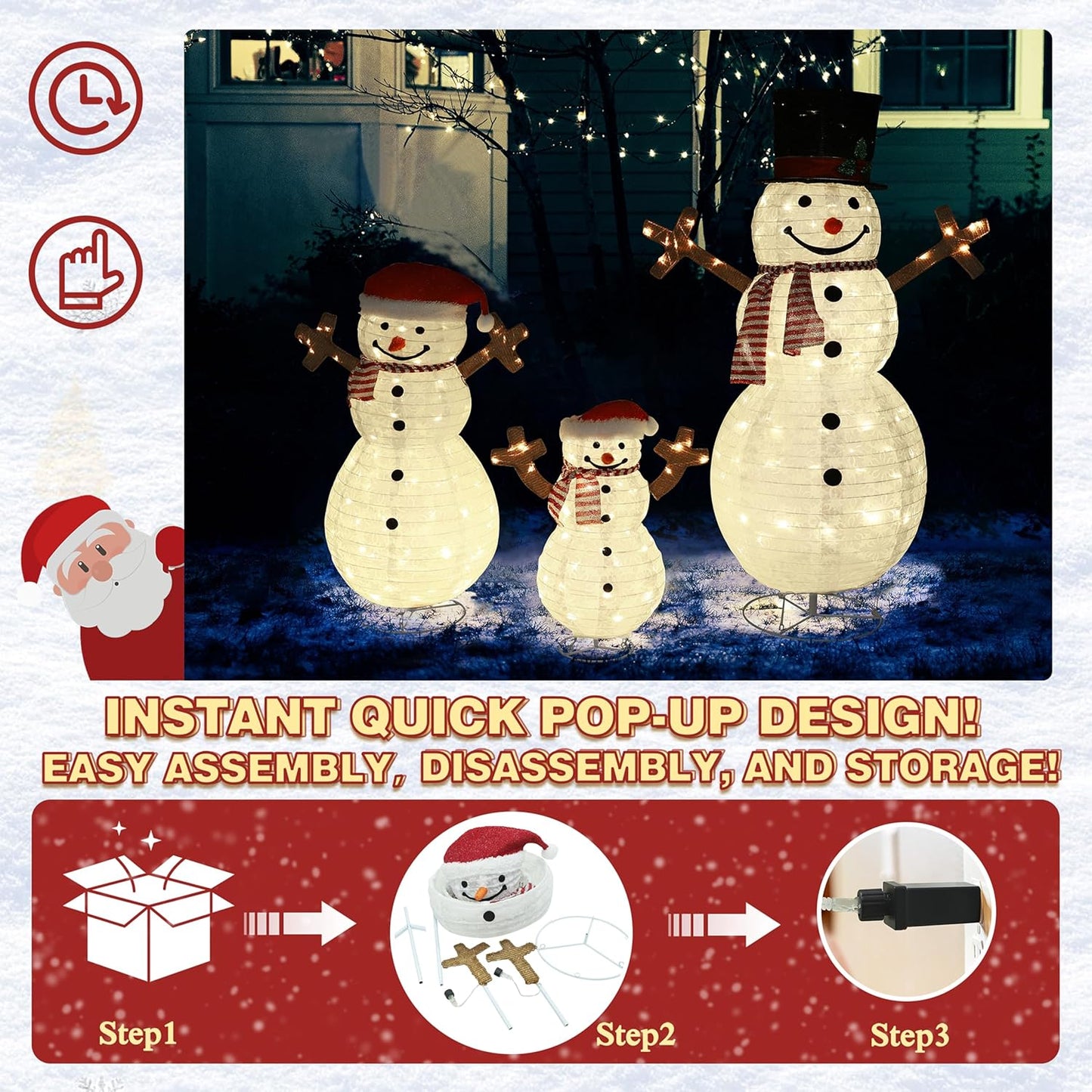 4FT Pop-Up Snowman Family, Pre-Lit Holiday Decoration Sign with 270 LED Lights, Customized Placement Holiday Display for Indoor, Outdoor