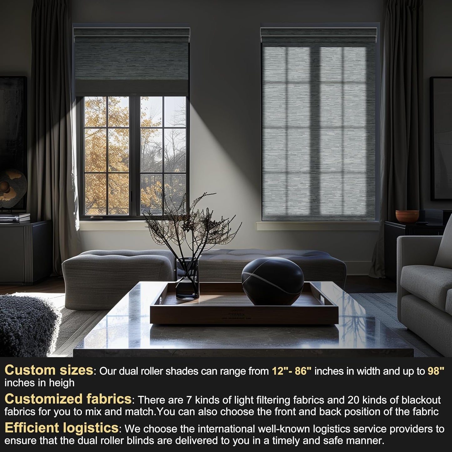 BERISSA Cordless Dual Roller Shades with Cassette Valance, Double Window Shades - Blackout & Light Filtering, Day & Night for Home Office or Door - Striped Jacquard Grey, 49 W x 44" H