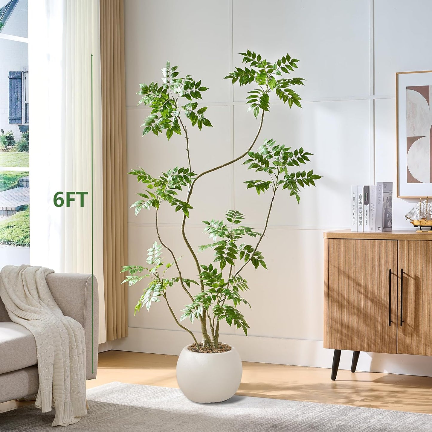 Artificial Mahonia Fortunei Tree 6ft,Tall Fake Plant Artificial Sumac Tree, Faux Plants Indoor Fake Plants Decor with Pots for Home Office Bathroom Bedroom Living Room Decorations Housewarming