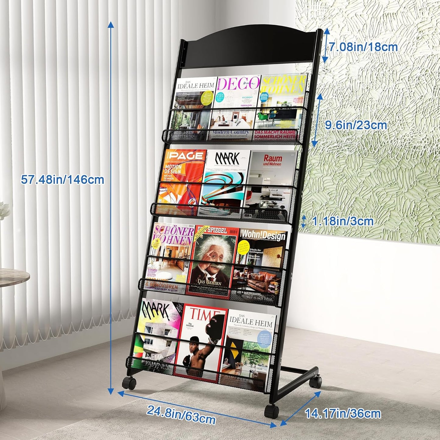Brochure Display Stand 4 Layer Floor-Standing Magazine Rack Literature Newspaper Catalog Display Holder with Wheels and Top Billboard for Exhibitions,School, Hotel, Hospitals, Offices (Black)