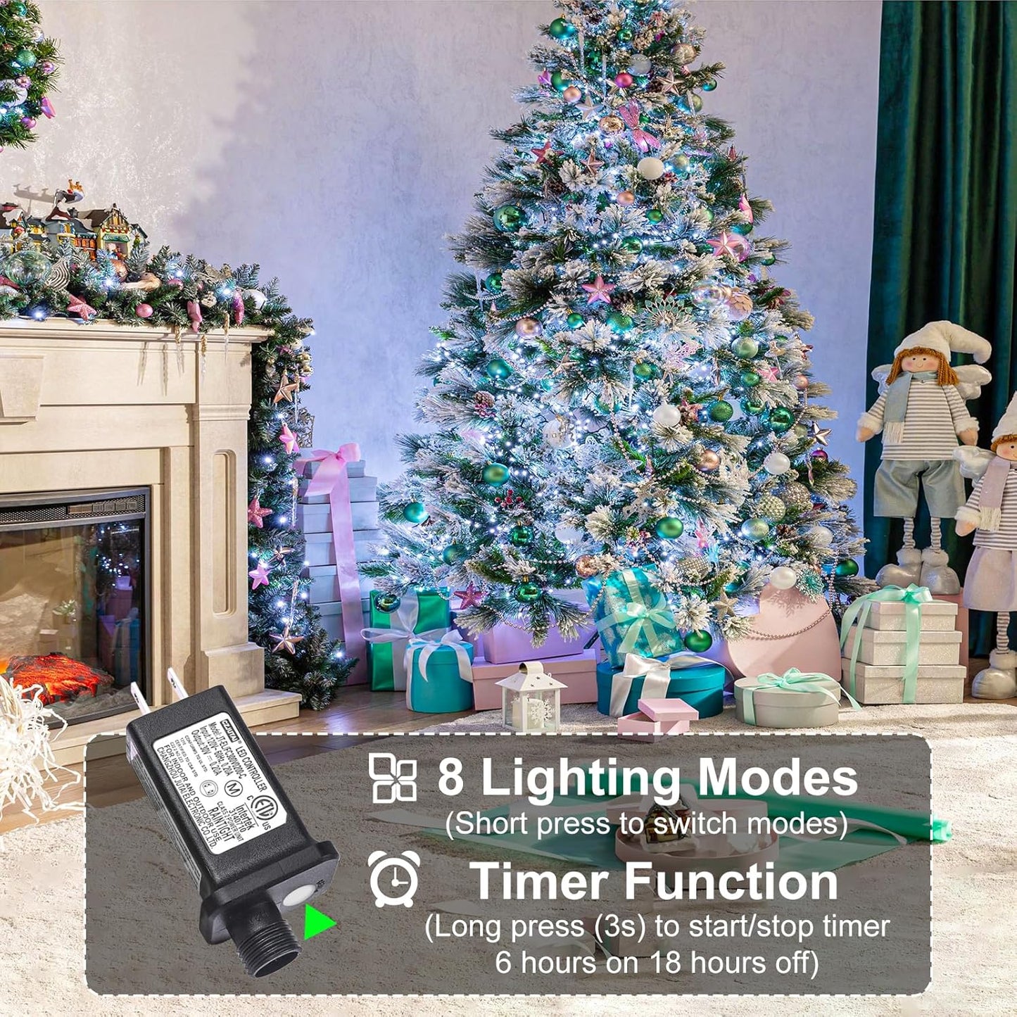 2 Pack Christmas Lights Outdoor, Total 200FT 600LED Christmas Tree Lights with 8 Modes Waterproof, Green Wire String Twinkle Lights for Indoor House Patio Yard Party Xmas Decorations, White
