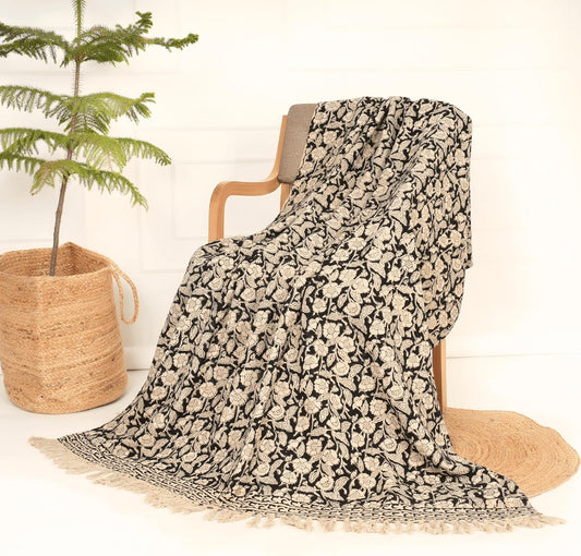 Handmade Cotton Throw Blanket 48x70 Inches | Black & Beige Floral Block Print Decorative Sofa Throw with Tassels | Large Lightweight Cotton Bedspread for Living Room, Couch, or Bedroom