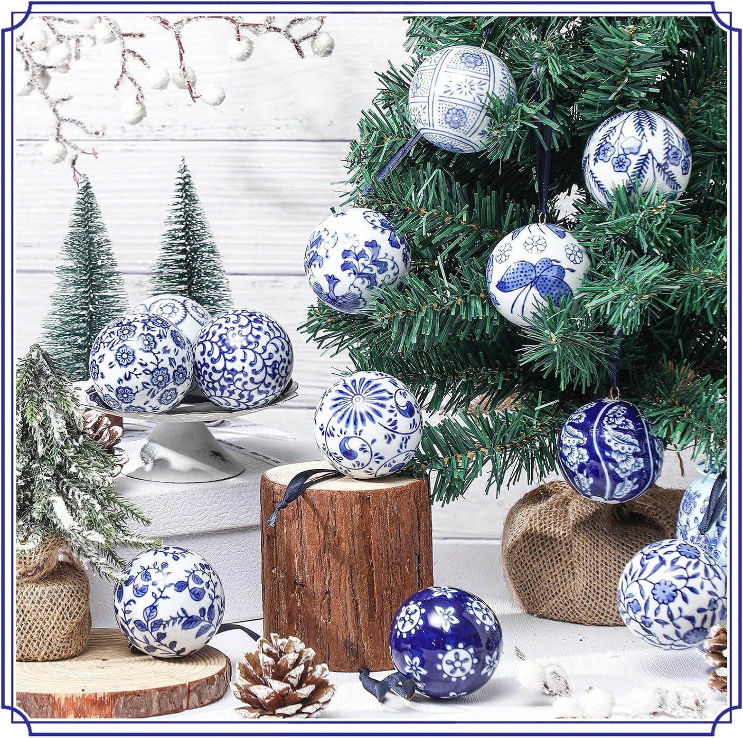Cindeer 12 Pcs Blue and White Christmas Porcelain Balls 2.4 Inch Porcelain Chinoiserie Ornament Bulk Christmas Ceramic Hanging Decorative for Tree Home Xmas Party (Groovy Style)