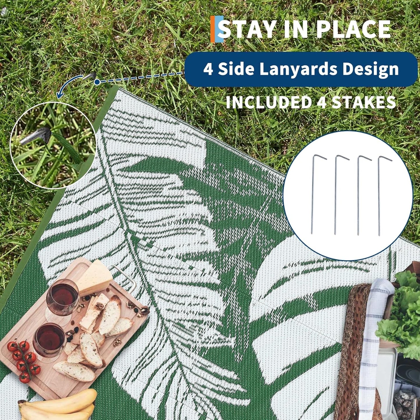 GAOMON Outdoor Rug 8x10 Patio Waterproof Reversible Plastic Straw Rug Modern Foldable Lightweight RV Camping Mat with Portable Bag & 4 Stakes, UV Resistant & Sturdy for Picnic Deck Balcony, Green