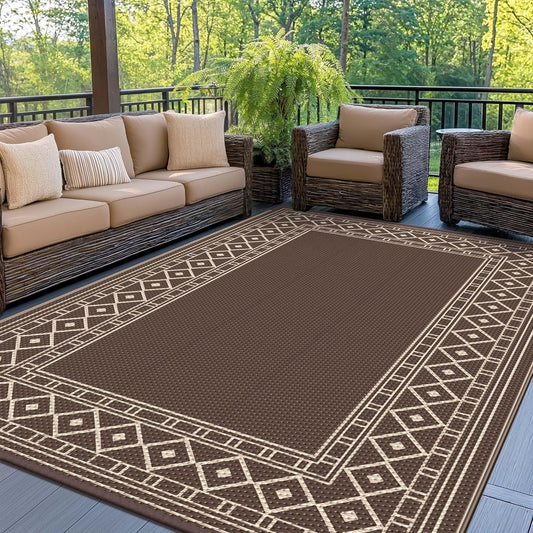 GENIMO Outdoor Rug Waterproof for Patio Decor, 6'x9' Foldable Reversible Plastic Straw Carpet for Travel Trailers, Outside Area Mat for Rv, Deck, Picnic, Porch, Camper, Balcony, Beach, Coffee & Beige