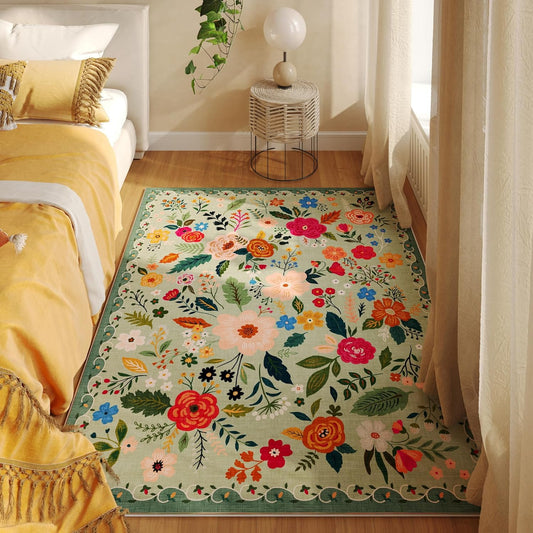 Bedroom Rug 3x5 Rug Washable Area Rug Non Slip Low Pile Boho Floral Small Carpet for Bedroom, Bedside, Kitchen, Entryway, Kids Room, Office, College Dorm Essentials for Girls(Green)