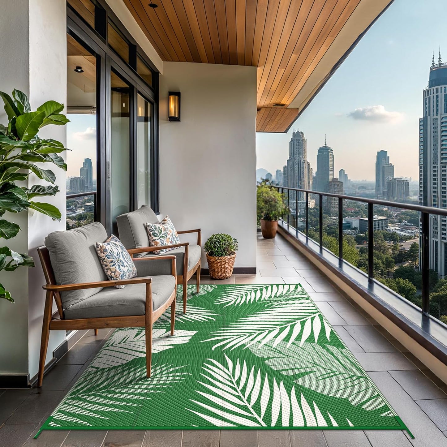 GENIMO Outdoor Rug 8' x 10' Waterproof for Patios Clearance, Reversible Outdoor Plastic Straw Camping Rug Carpet, Large Area Rugs Mats for RV, Picnic, Backyard, Deck, Balcony, Porch, Dark Green&White