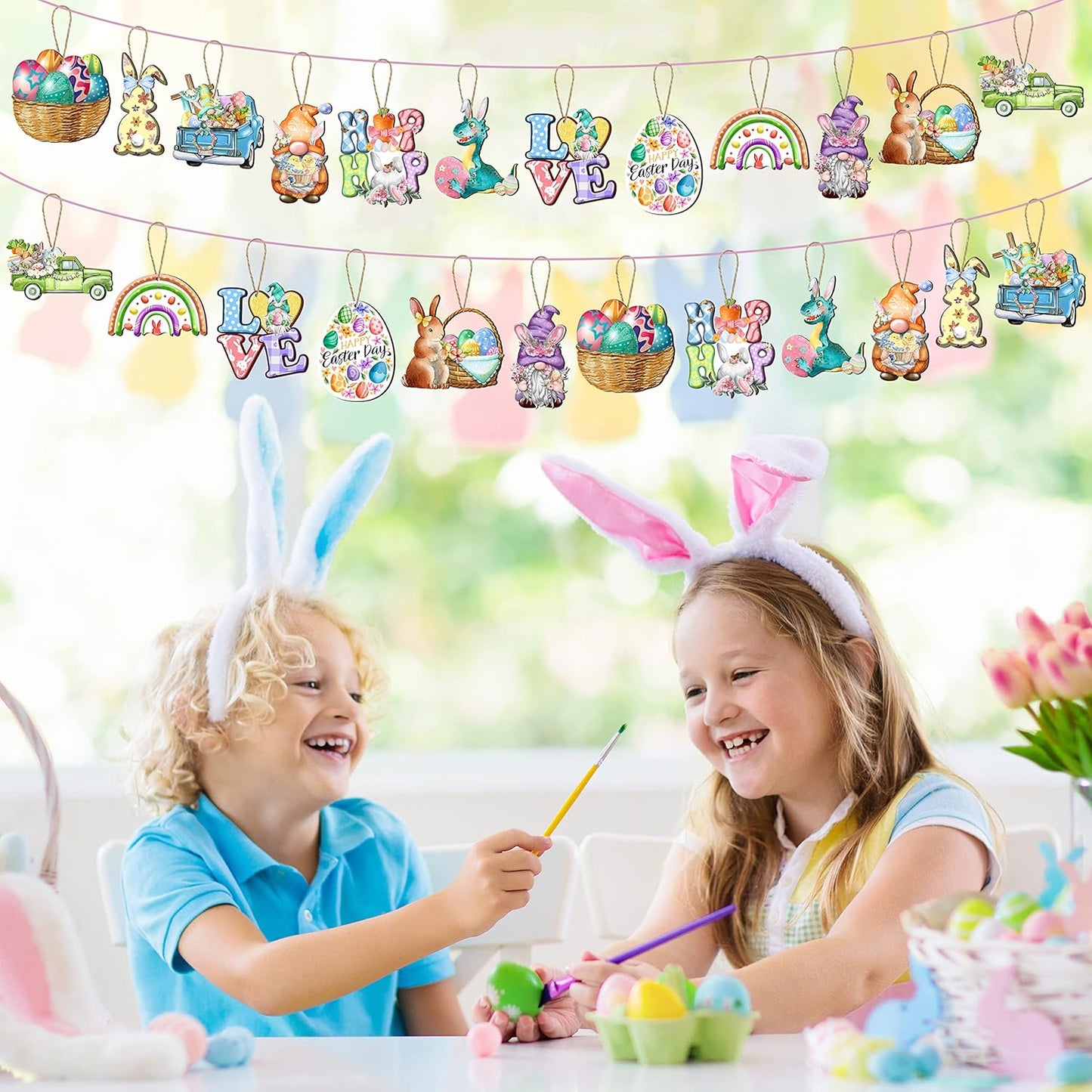 24 Wooden Hanging Ornaments, Hanging Decor for Tree, Happy Easter Egg Gnome Bunny Wooden Craft Spring Party Supplies Home Decor