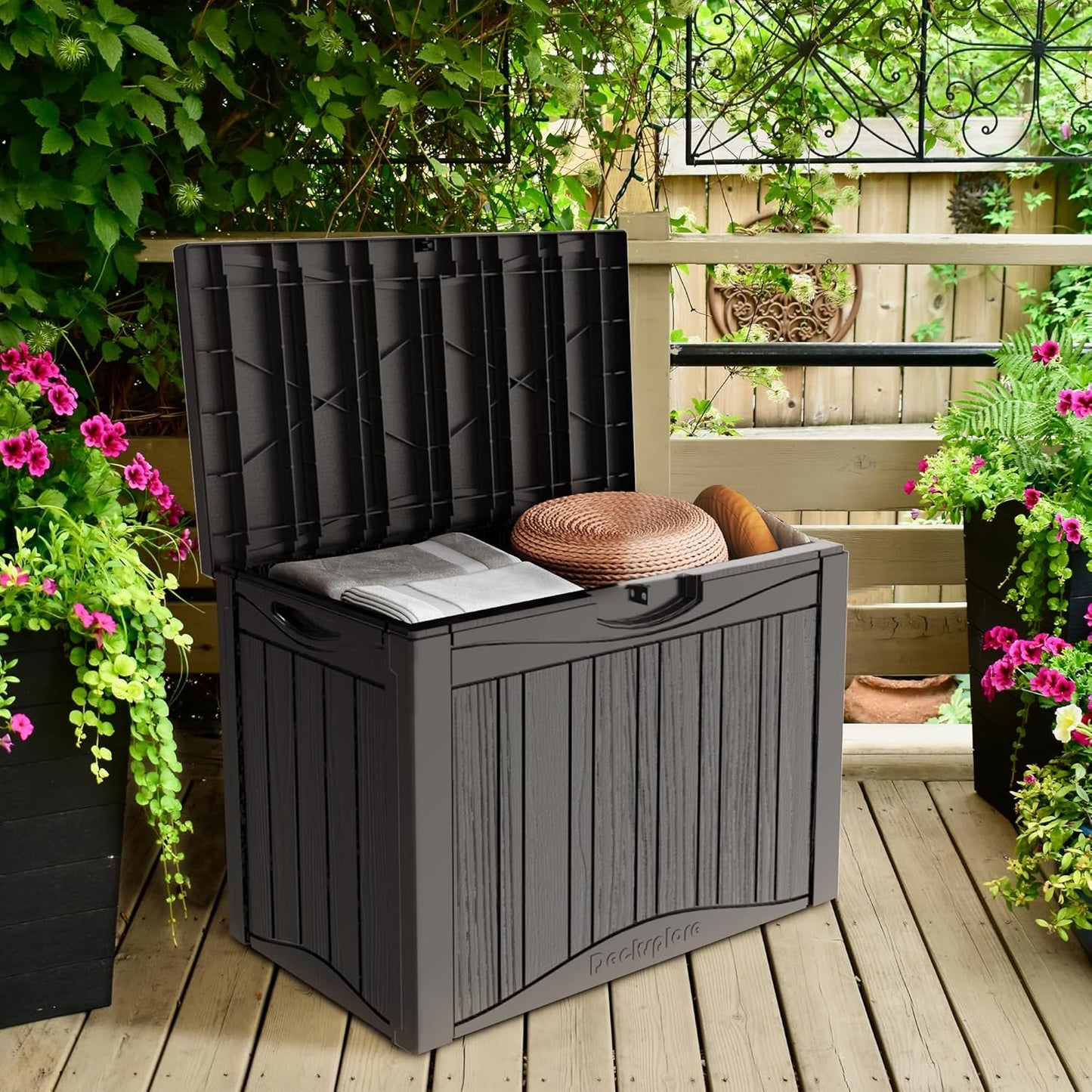 45 Gallon Double-Wall Resin Deck Box - Lockable Waterproof Outdoor Storage Box, 515bs Capacity & Doubles as Seating for Patio Furniture - Garden Tools, Pool Accessories (Brown)