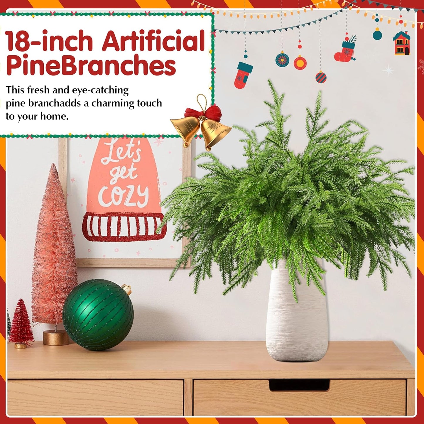 18Pcs Artificial Norfolk Pine Branches 18" Plastic Christmas Plants Decor Faux Greenery Stems Pine Picks Outdoor Faux Plants UV Resistant for Xmas Indoor, Front Porch Home Décor (18, 18inch)