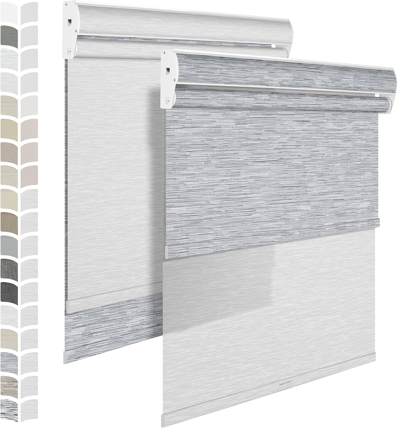 BERISSA Cordless Double Roller Shades with Cassette Valance, Blackout and Light Filtering, Day and Night Shades for Home Office. Maze Grey & White. Custom Sizes