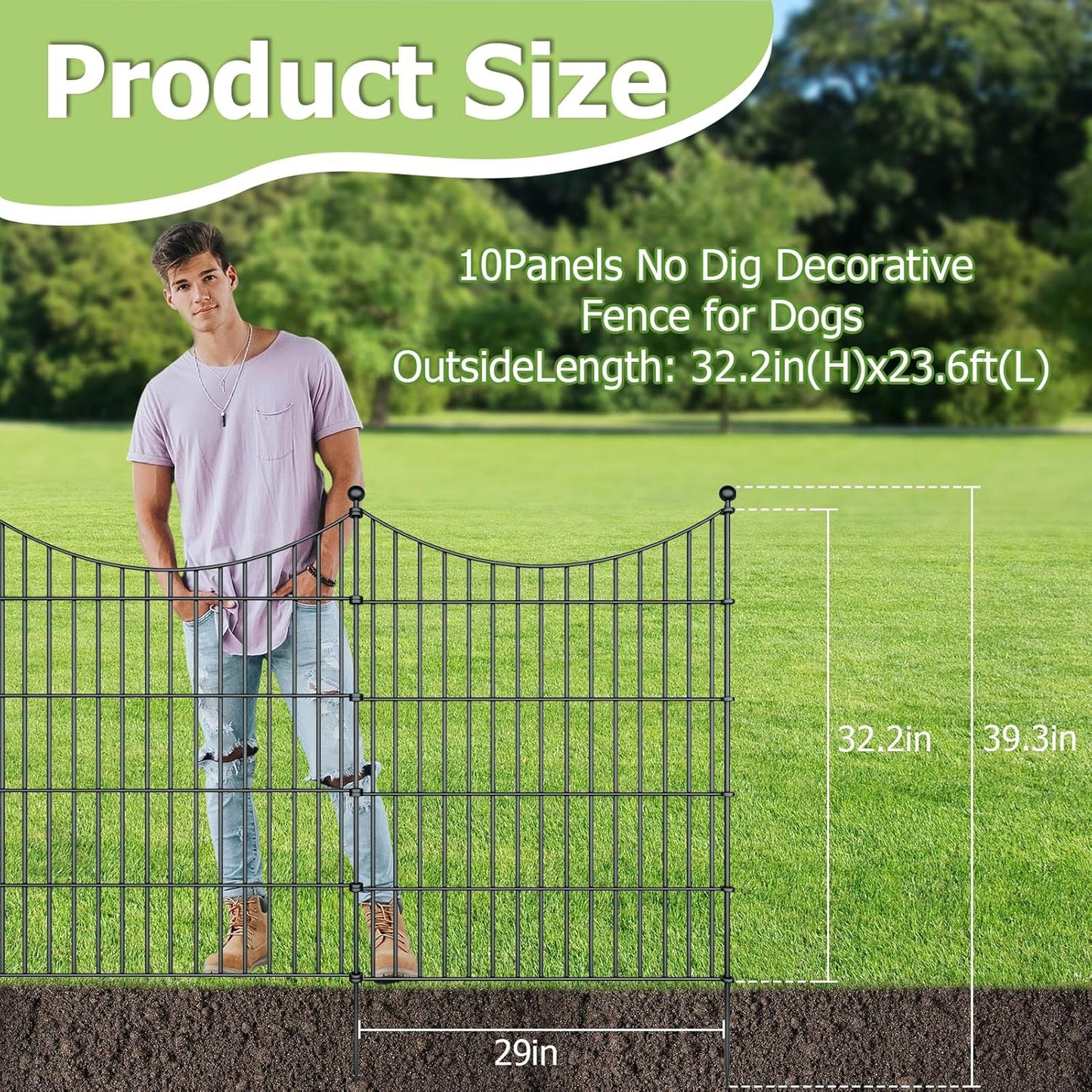 10 Panels Garden Fence Dog Fence Outdoor for Yard, 32in H x 23.6ft L Rustproof Metal Fencing with Ground Stakes | No Dig Animal Proof Containment for Pets/Rabbits | Durable Patio Security Panels