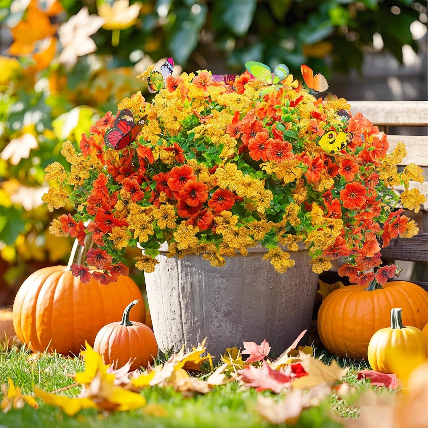 ‌20 Bundles Artificial Flowers for Outdoors‌ with 6 Faux Butterflies, UV Resistant ‌Fake Flowers‌ with Eucalyptus Leaves, ‌Artificial Plants Outdoor‌ for Patio Garden Porch Home Decor (Orange Yellow)