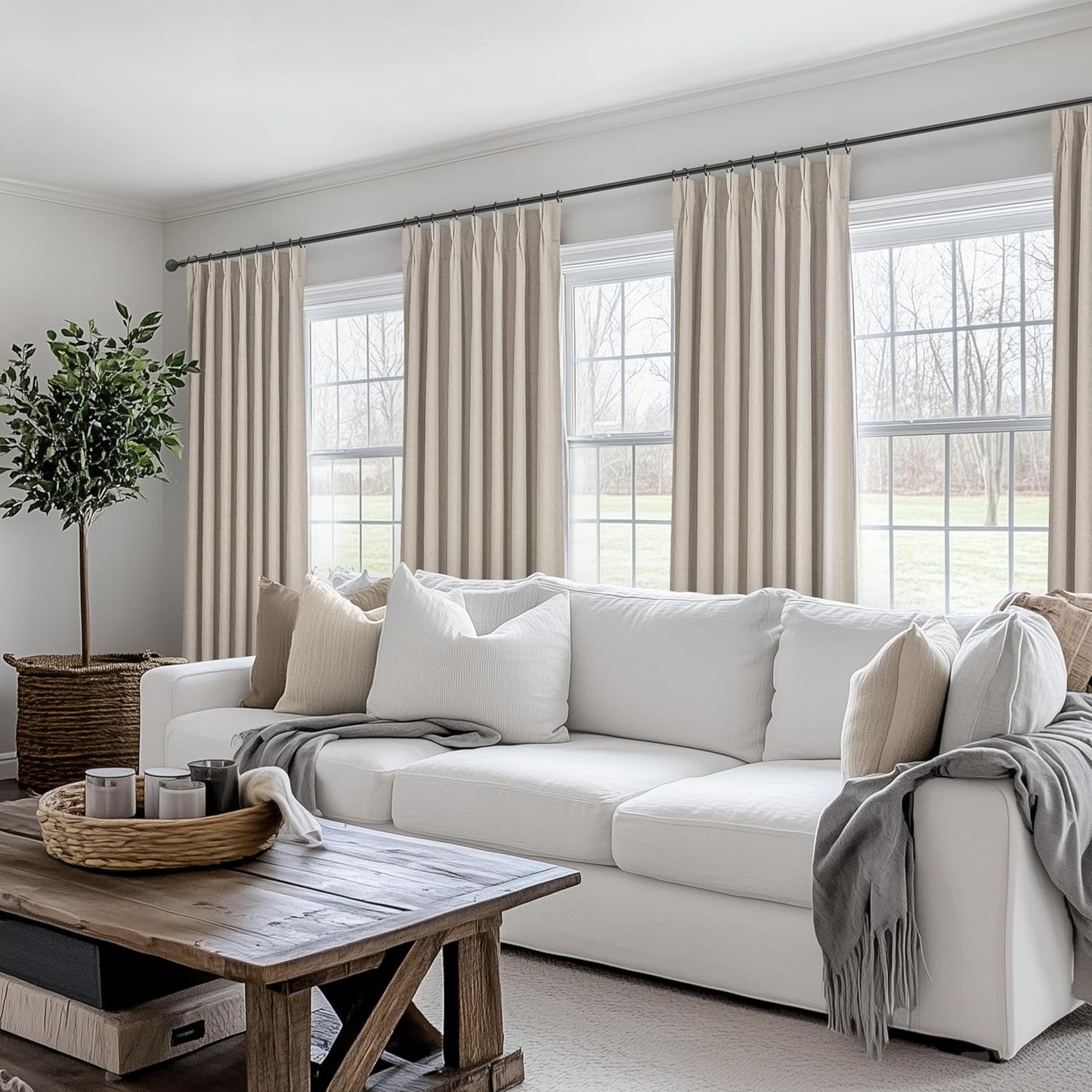 Grey Flax Beige 120 Inch Length Linen Pinch Pleated Viral Thick 10 ft Curtains Blackout & Drapes 2 Panels Set for Living Room, Tall High Ceiling Large Windows Bug with Memory Trained(40"Wx120"Lx2)