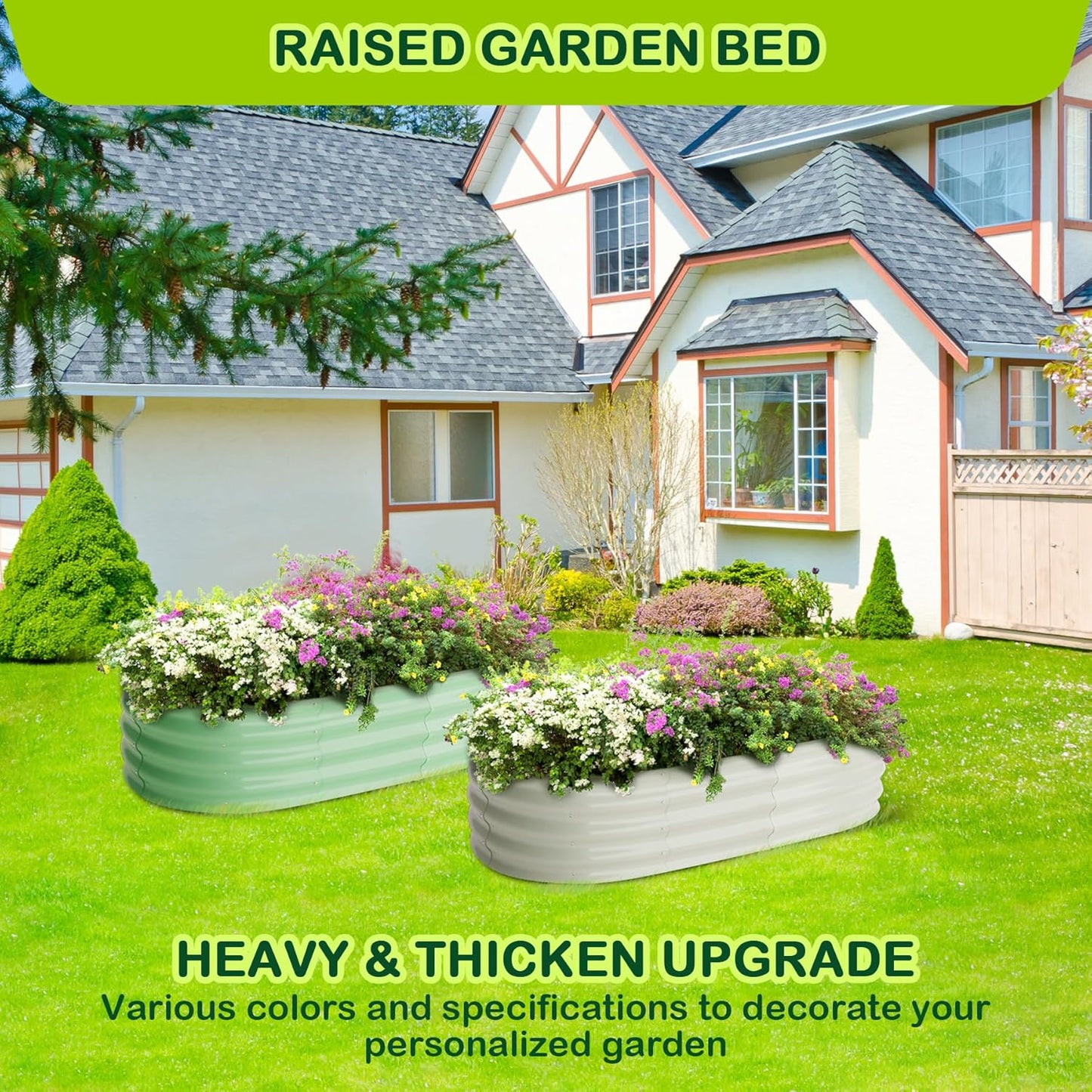 2 Pcs 4.5x2x1.5ft Oval Raised Garden Bed,Galvanized Raised Beds,Open-Ended Base Metal Raised Planter Beds,Garden Bed Outdoor,Planter Raised Boxes for Vegetables,Flowers,Tool-Free Asse,Green