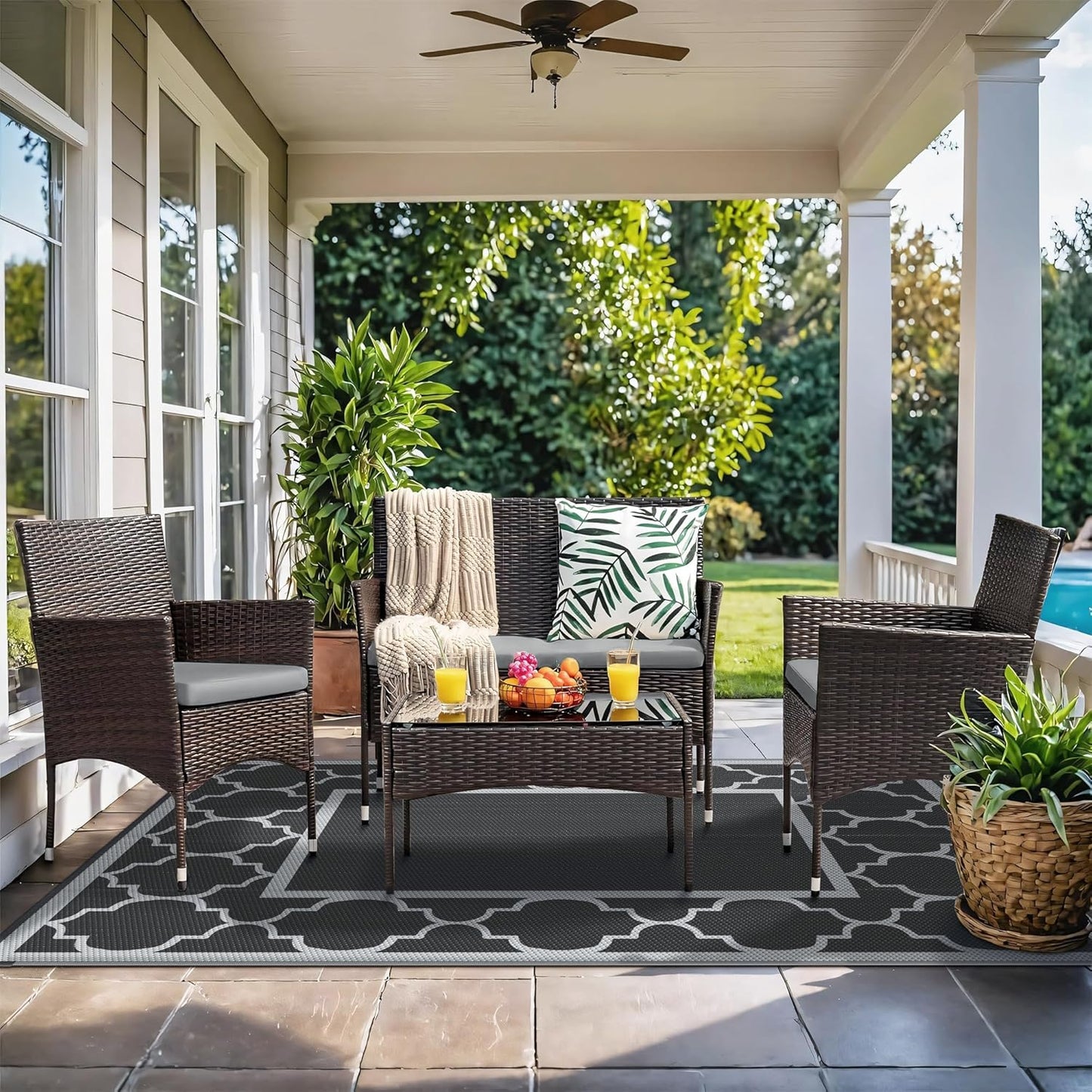 GENIMO 6' x 9' Outdoor Rug Waterproof for Patio Decor, Foldable Reversible Plastic Straw Area Rugs Mat for Camper, Outside Carpet for Rv, Deck, Porch, Picnic, Beach, Balcony, Black & Grey