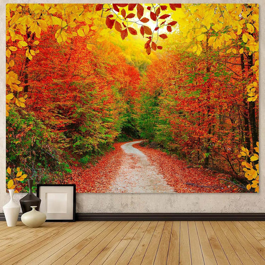 AMM Autumn Forest Tapestry Nature Fall Tree Thanksgiving Tapestry for Bedroom Aesthetic Autumn Path Yellow Red Fallen Leaves Landscape Tapestries Wall Hanging for Living Room Dorm 80 x 60 Inch