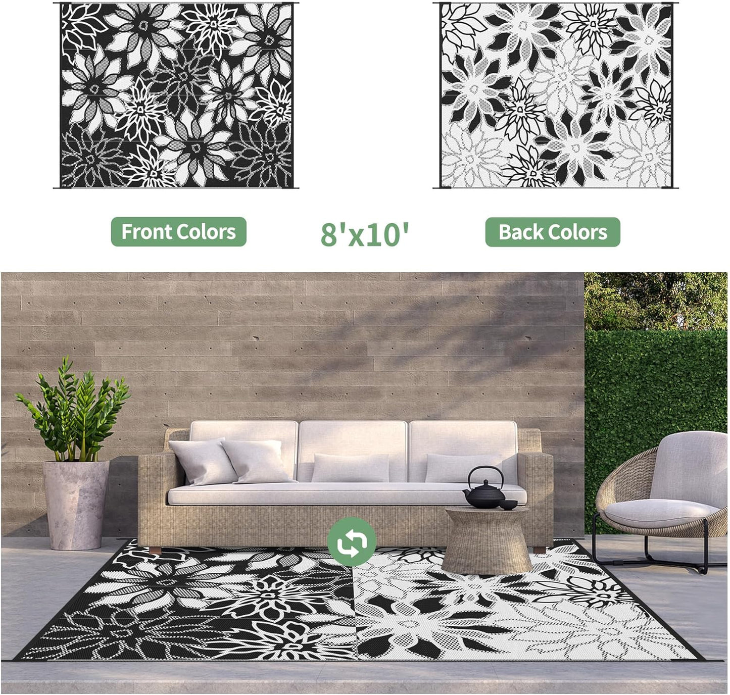 GENIMO Outdoor Rug Waterproof for Patio Decor, 8' x 10' Reversible Plastic Straw Floral Camping Carpet, Large Area Rugs Mats for RV, Camper, Deck, Balcony, Porch, Beach, Picnic, Black & White