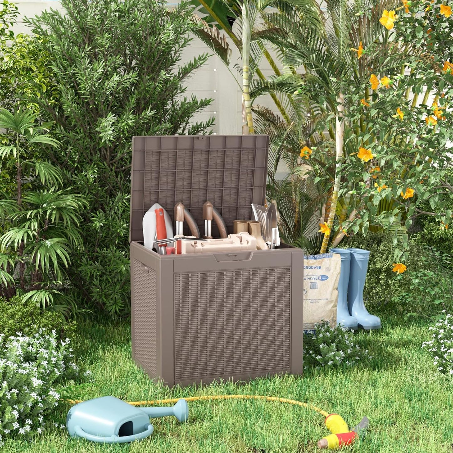 30 Gallon Resin Deck Box, Lockable Patio Outdoor Storage Box for Furniture, Garden Tools and Tools Storage, Waterproof Outside Storage Boxes - Grey