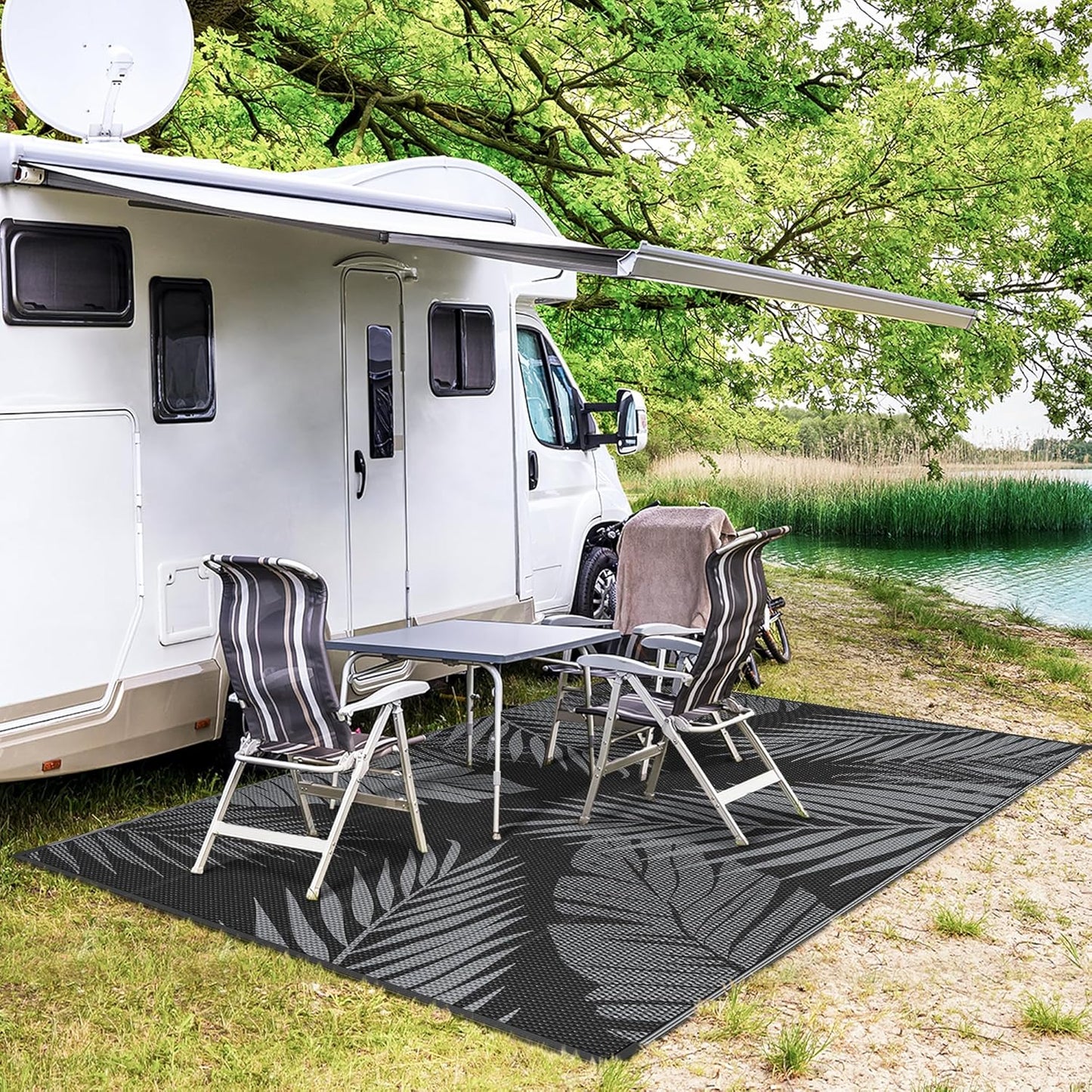 GENIMO Outdoor Rug 4' x 6' Waterproof for Patios Clearance, Reversible Outdoor Plastic Straw Camping Rug Carpet, Large Area Rugs Mats for RV, Camper, Deck, Balcony, Porch, Beach, Picnic, Black&Grey