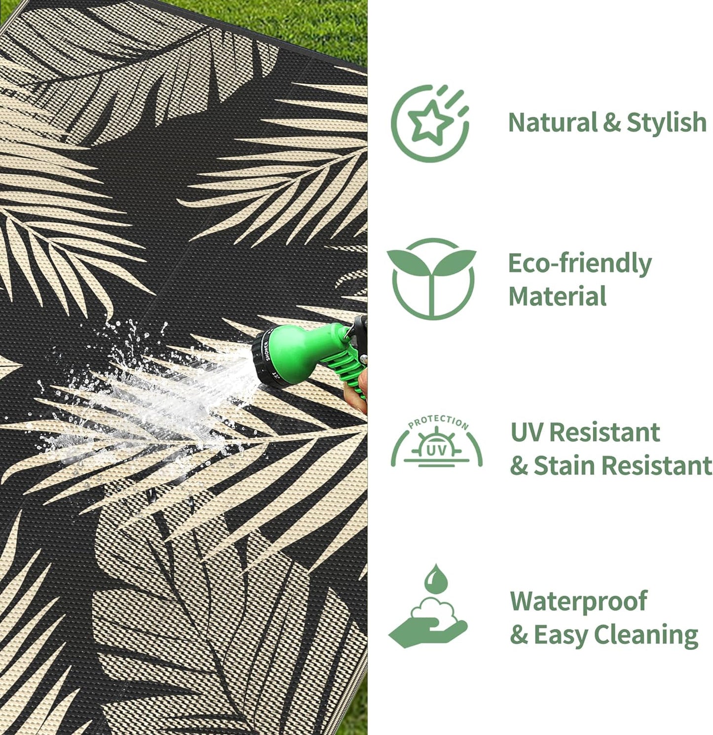 GENIMO Outdoor Rug 3' x 5' Waterproof for Patios Clearance, Reversible Outdoor Plastic Straw Camping Rug Carpet, Large Area Rugs Mats for RV, Camper, Deck, Balcony, Porch, Beach, Picnic, Black&Beige