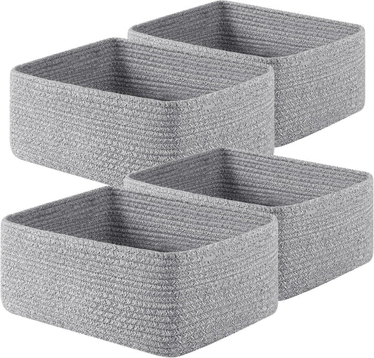 OIAHOMY 4 Pack 14.17*11.02*6.3IN Storage Baskets for Organizing Shelves, Woven Rope Baskets for Organizing Books, Clothes, Decorative Basket for Living Room, Nursery, Bedroom, Gift Basket, Grey